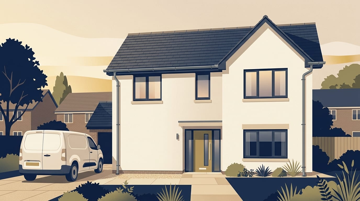 Illustration of a modern house with continuous grey aluminium gutters