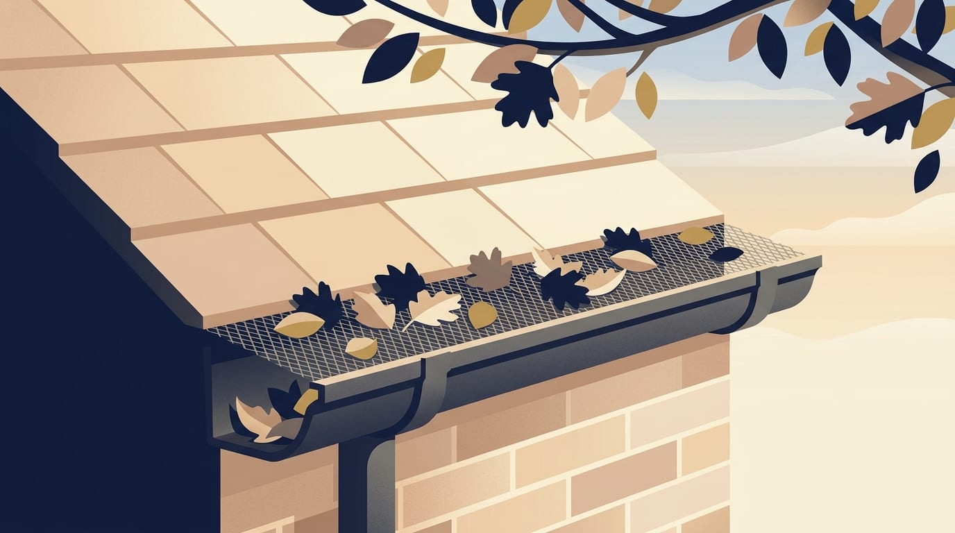 Illustration of a close view of a gutter fitted with a mesh guard