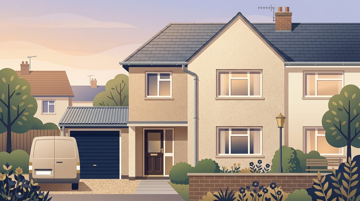 Illustration of an older pebbledash house with plain grey cement gutters and a grey downpipe