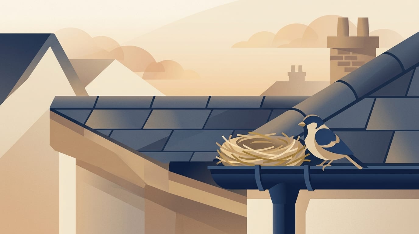 Illustration of a tiled roof edge with a small nest tucked into the gutter