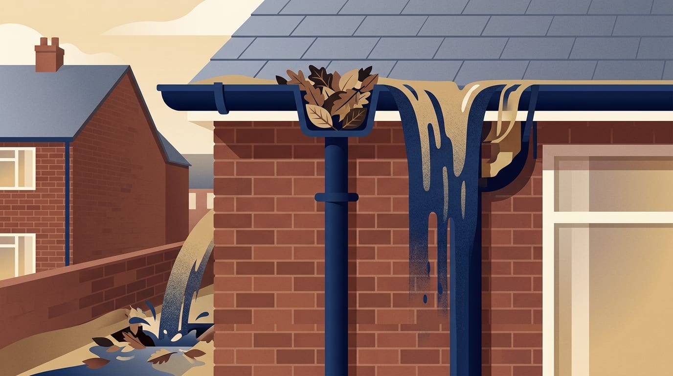 Illustration of a downpipe running down a brick wall into a ground gully with water spilling over the gutter