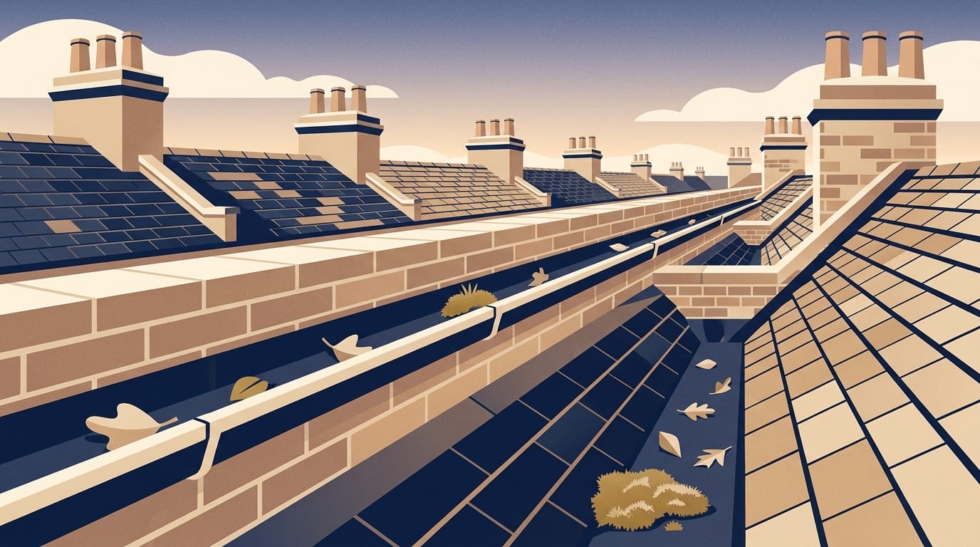 Illustration of a view across the roofs of a Victorian terrace showing a parapet gutter and a roof valley