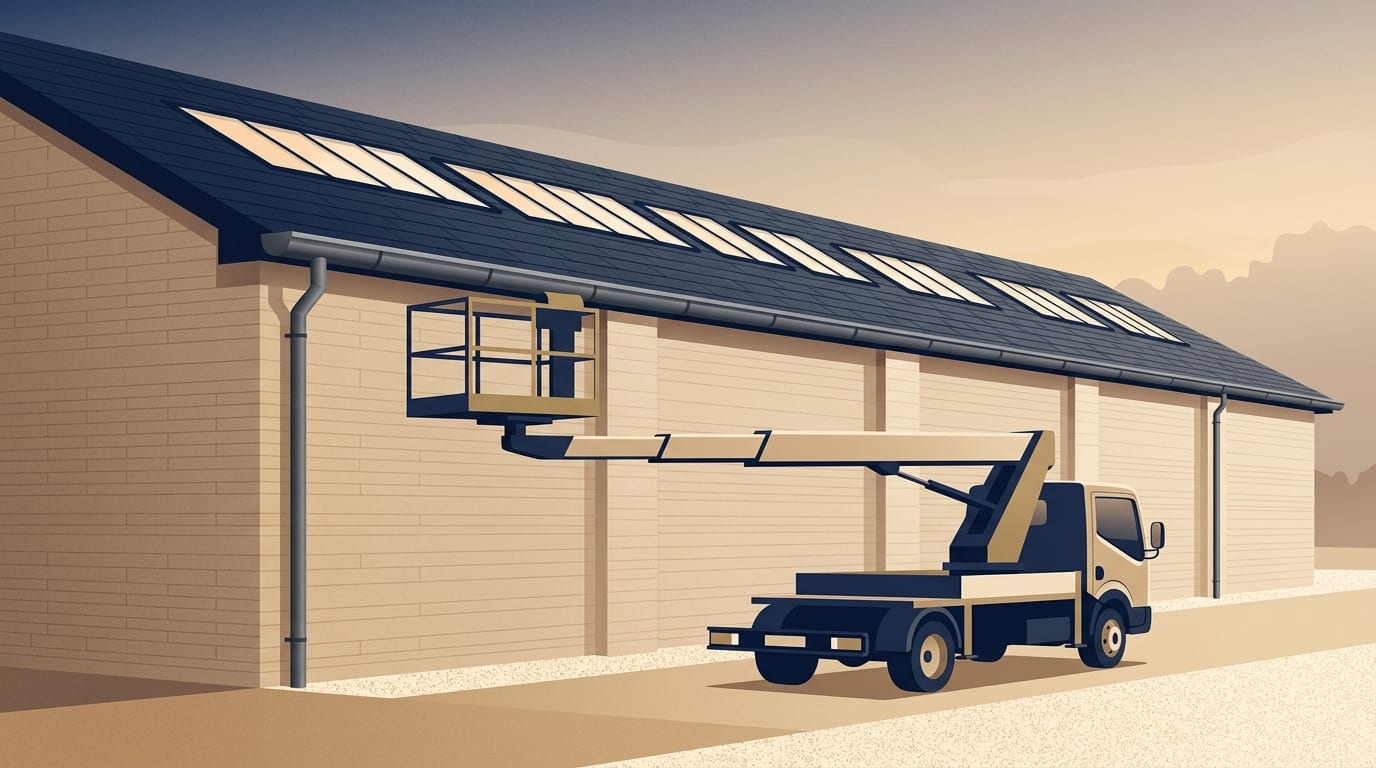 Illustration of a cherry picker raised to the gutters of an industrial unit