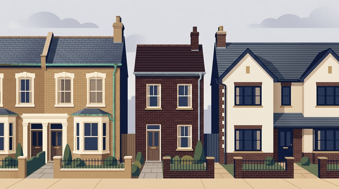 Illustration of copper, zinc and steel gutters on three neighbouring buildings