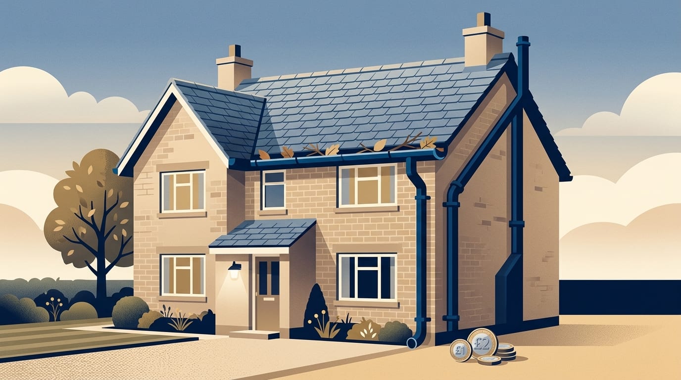 Illustration of a detached house with its gutter and downpipe picked out in a contrasting colour