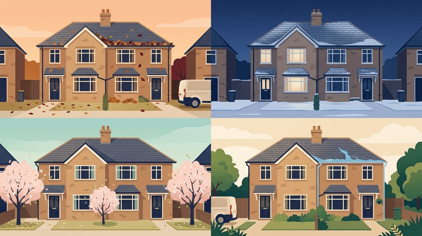 Illustration of a semi-detached house shown across the four seasons