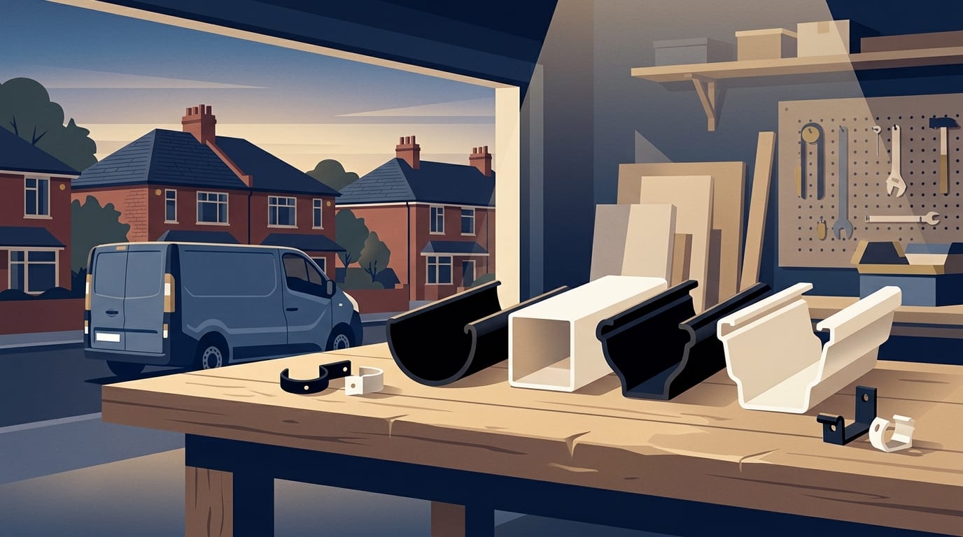 Illustration of four gutter profiles standing side by side on a workbench