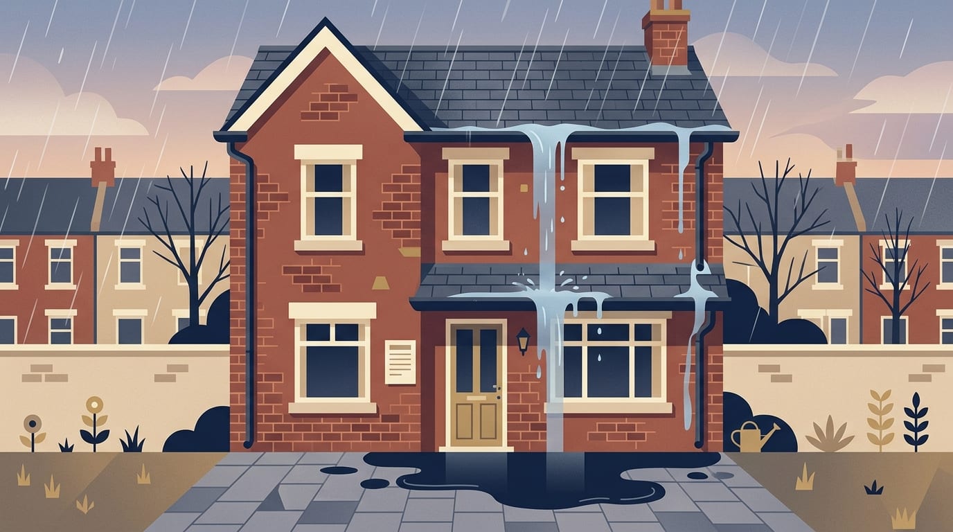 Illustration of a two storey house in heavy rain with water sheeting over the front of the gutter