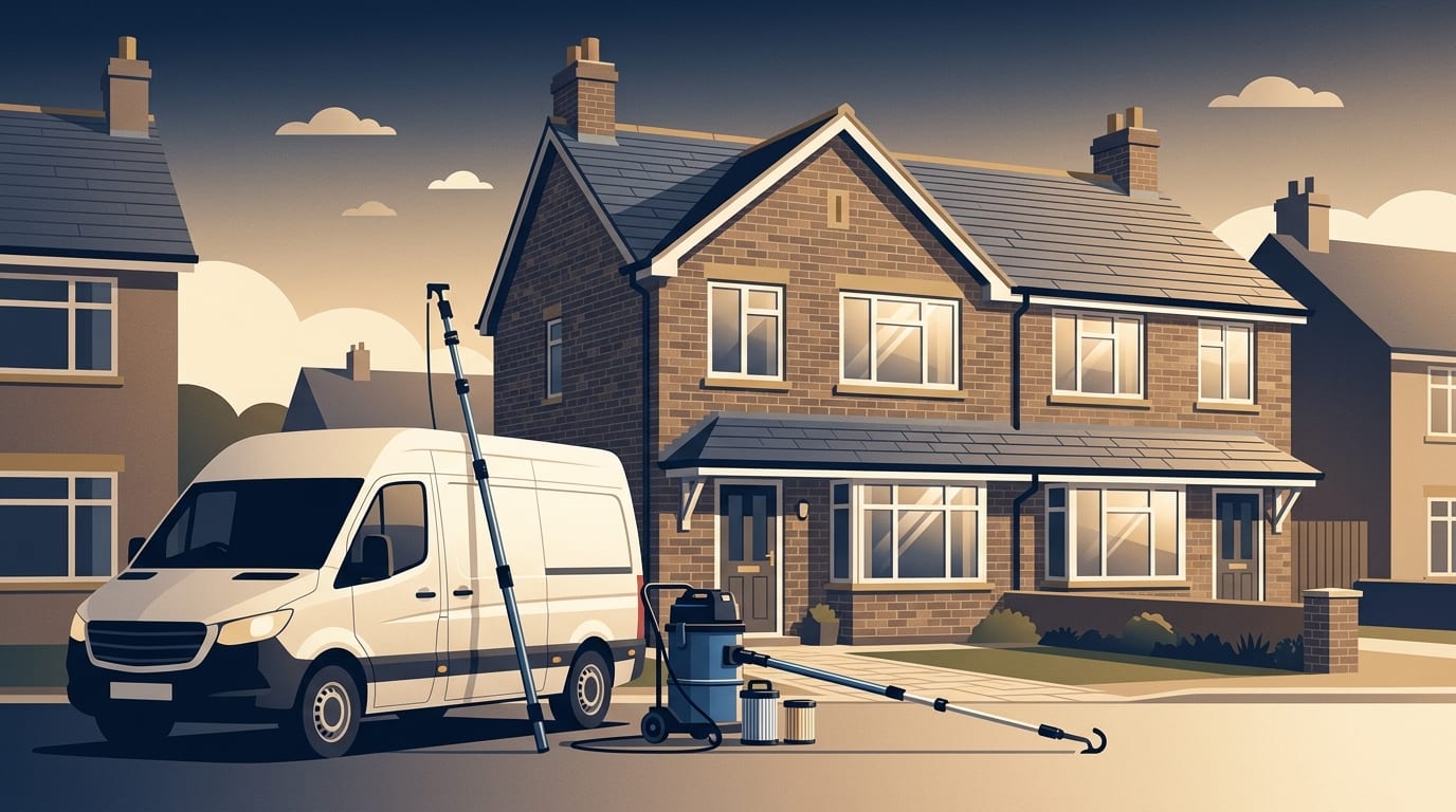Illustration of a two storey house with a water fed pole and a gutter vacuum on the driveway
